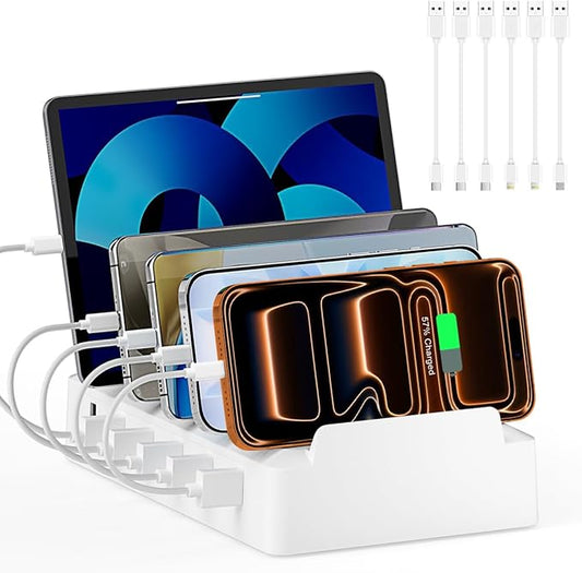 Charging Station for Multiple Devices, 6 Port USB Desktop Charger Dock Compatible with iPad, Samsung, Android, Tablet, Family Multi Phone Charging Organizer with Divider Holders, Fireproof ABS (White)