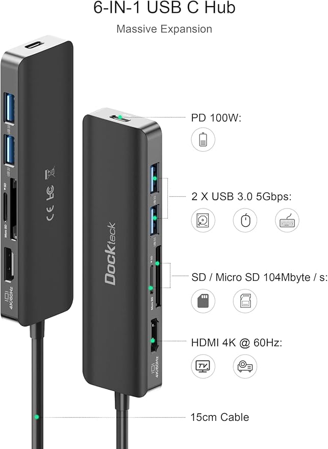 USB C Hub HDMI PD Adapter for MacBook Air/Pro, Surface Pro 7/8, XPS and More, Dockteck 6-in-1 Type C Hub with 4K 60Hz, 100W PD, SD & microSD Card Reader, 2 USB 3.0 Data 5Gbps