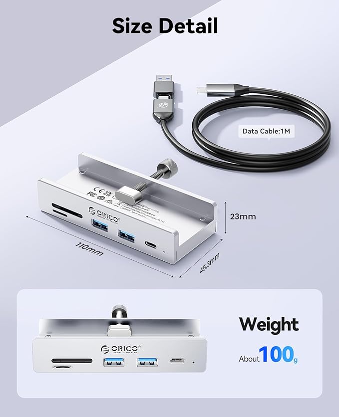 ORICO USB Hub 3.2, Clamp USB-Hub with Extra Power Supply Port, 10Gbps Aluminum 5-Port USB Extender with 2 USB-A 3.2 Ports, USB-C 3.2, SD/TF Card Reader 3.0, USB-3.2 Splitter for Monitor, Desk