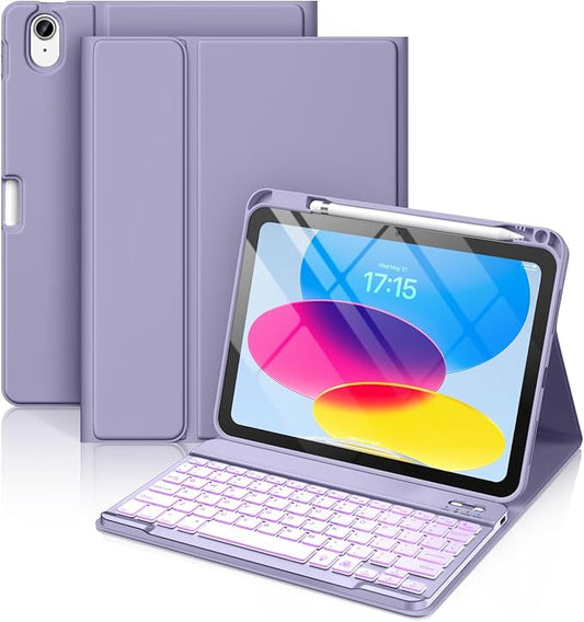 Hamile for iPad 11th 10th Generation Case with Keyboard - 7 Colors Backlit Wireless Detachable Folio Keyboard Cover with Pencil Holder for iPad 11-inch A16 2025 10th Gen 10.9 Inch 2022 (Lavender)
