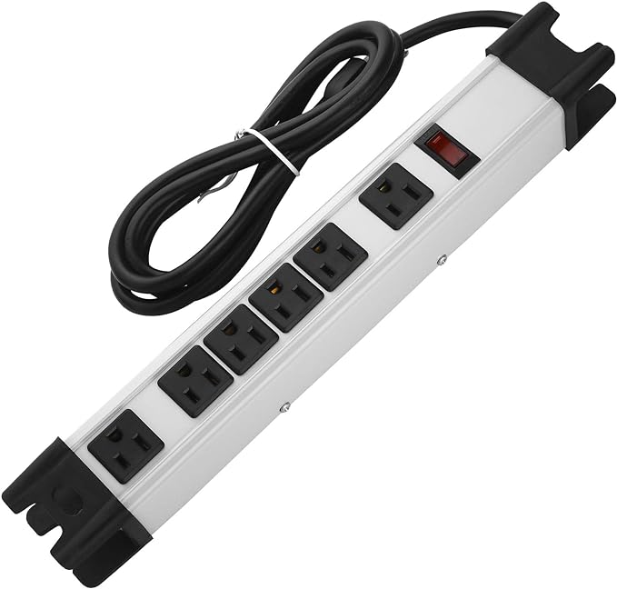 Heavy Duty Surge Protector Power Strip - 6 Outlet Industrial With 15A, Shop Workshop Garden Metal, 6FT Cord, 1200 Joules, ETL Listed (15FT, Grey)