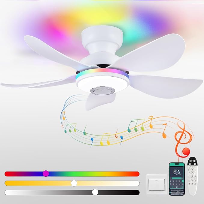 36 Inch Ceiling Fans with RGB Lights Remote/APP Control, Flush Mount, 3 CCT Dimmable White Lights+RGB Ring Lights+Music Player, 5 Reversible Plastic Blades 6 Speeds for Kidsroom, White