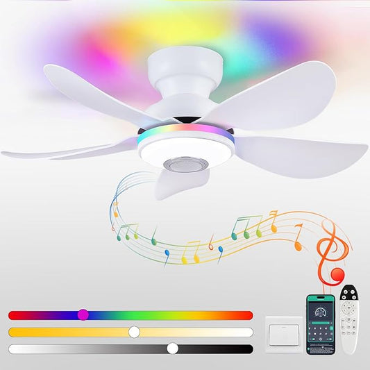 36 Inch Ceiling Fans with RGB Lights Remote/APP Control, Flush Mount, 3 CCT Dimmable White Lights+RGB Ring Lights+Music Player, 5 Reversible Plastic Blades 6 Speeds for Kidsroom, White