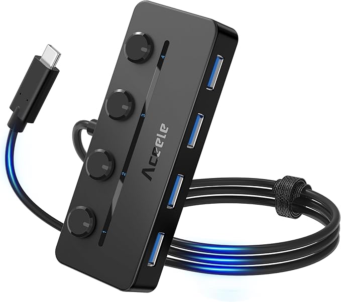 Aceele USB C Hub, USBC to 4-Ports USB 3.0 Hub with Type C Power Port and Individual On/Off Switches, 5Gbps USB C Splitter with 3.3ft Long Extender Cable Compatible for Laptops, MacBook Pro/Air