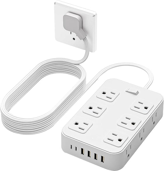 Flat Plug Power Strip Surge Protector with 12 AC Outlets 6 USB Ports 3 Side Multi Plug Outlet Extender 15 Ft Extension Cord for Home Office Kitchen Dorm Wall Desk Charging Station ETL Listed
