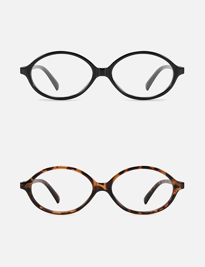 Slocyclub 2 pack Fashion Oval Glasses for Women Men Vintage Oval Small Frame Eyeglasses Retro Blue Light Blocking Glasses, Black and Whiskey Tortoise