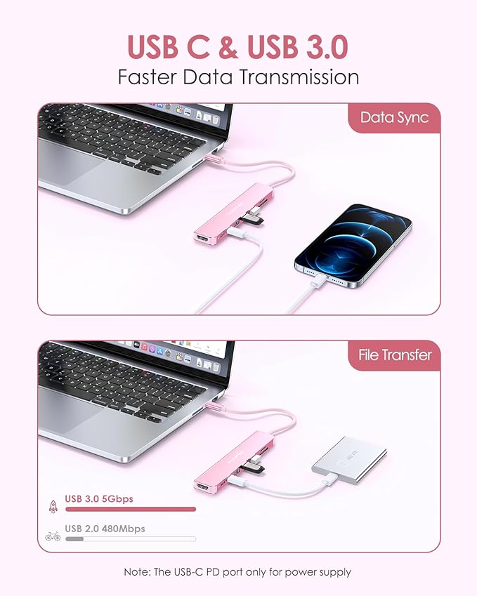 LENTION 8-in-1 USB-C Hub with 4K 60Hz HDMI, 100W Power Delivery, 5Gbps USB C Data, 3 USB 3.0 and microSD & SD Card Reader for 2025-2016 MacBook Pro, New Mac Air/Surface, More (CB-CE18s, Rose Gold)