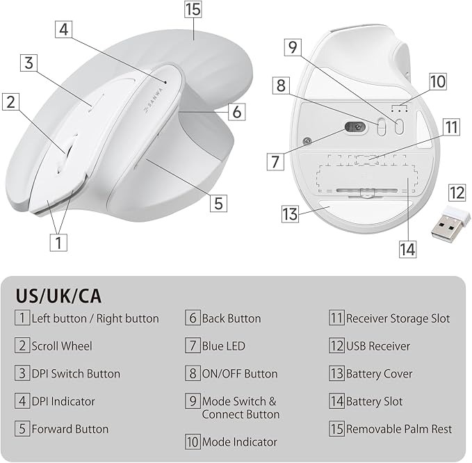 SANWA Wireless Ergonomic Mouse for Large Hands, Silent Click Vertical Mice with Removable Wrist Rest, 1000-4000 DPI, 3-Device (2.4G + 2 Bluetooth 5.4), Compatible with Mac, Windows, Laptop, PC, White