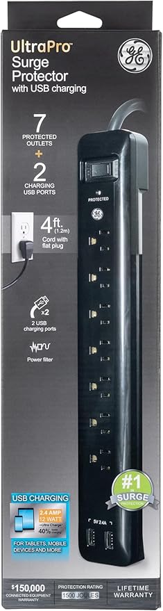 GE UltraPro 7-Outlet Surge Protector, 2 USB Ports, 4 Ft Power Cord, 1500 Joules, Flat Plug, Twist to Close Safety Covers, Power Filter, Circuit Breaker, Warranty, UL Listed, Black, 40482