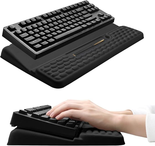 Keyboard Stand with Wrist Rest, Computer Wrist Support Pad, Ergonomic Comfy Tilted Keyboard Holder Lift Tray with Wrist Pad, Soft Memory Foam Desk Cushion for Office Home (Black)