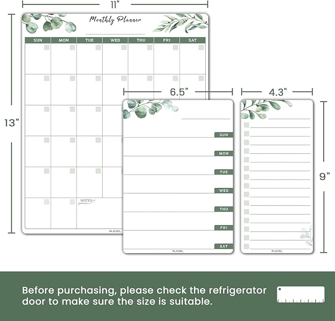 Dry Erase Fridge Calendar Magnetic, Greenery White Board Calendar Dry Erase for Refrigerator - Set of Vertical Monthly & Weekly Calendar for Fridge with 1 List Board, 4 Markers + Eraser