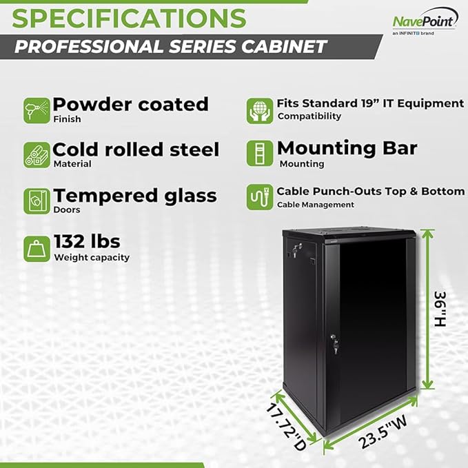 Navepoint 18U Deluxe IT Wallmount Cabinet Enclosure 19-Inch Server Network Rack with Locking Glass Door 16-Inches Deep Black