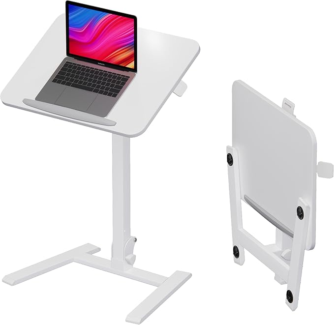 25 Inch Mobile Folding Desk - No Assembly, Pneumatic Sit-Stand, 29-42" Height Adjustable Rolling Laptop Desk with Hidden Wheels, 0-90° Tilt Top for Home Office, Craft & Study