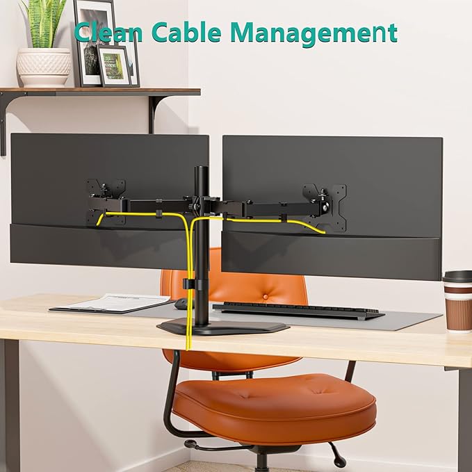 Free Standing Dual Monitor Stand for 13-27'' Screens, Dual Monitor Arms for 2 Monitors up to 22 lbs, Adjustable Dual Monitors Mount with C-Clamp and Grommet, VESA 75/100mm, Black