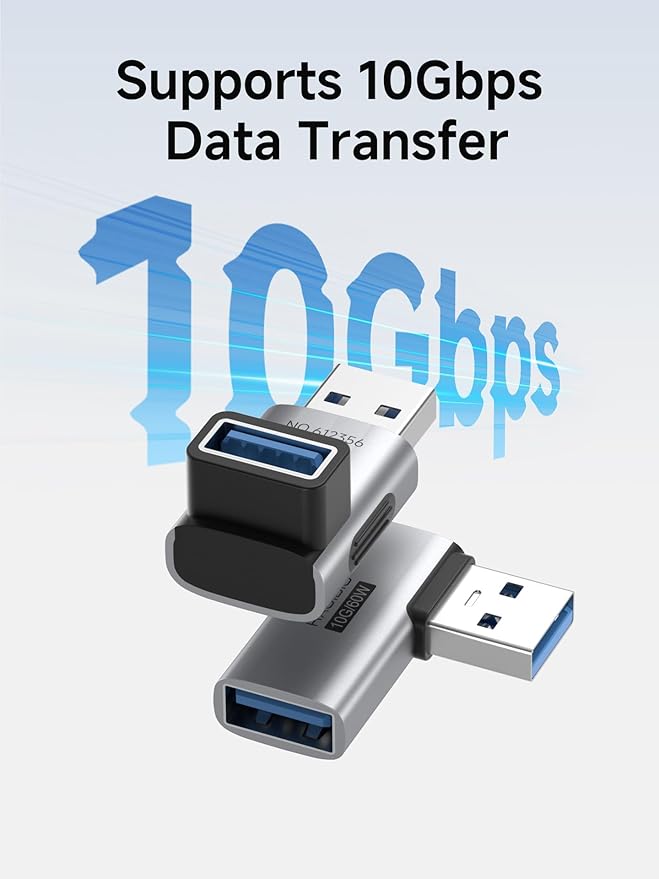 Hagibis USB 3.2 Adapter 2 Pack, 90 Degree Right and Left Angle USB A Male to Female Connector OTG Adapter Cable Extender for Laptops Charger PC Car Mouse Keyboard (Middle Front)