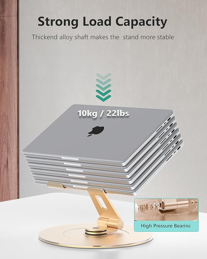 Ultra-Stable Aluminumy Laptop Stand for Desk with Foldable Phone Holder, 300% Large Base Stability, Anti-Loosening, Printer Stand Suitable for 10"-17.3" Laptops, Champagne Golden