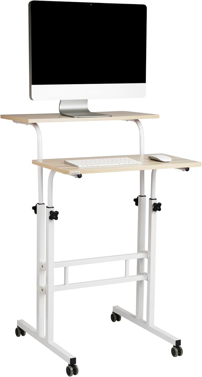 Mind Reader Standing Desk, Adjustable Height Laptop Workstation, Portable Rolling Desk on Wheels, Two-Tier Metal Frame, White
