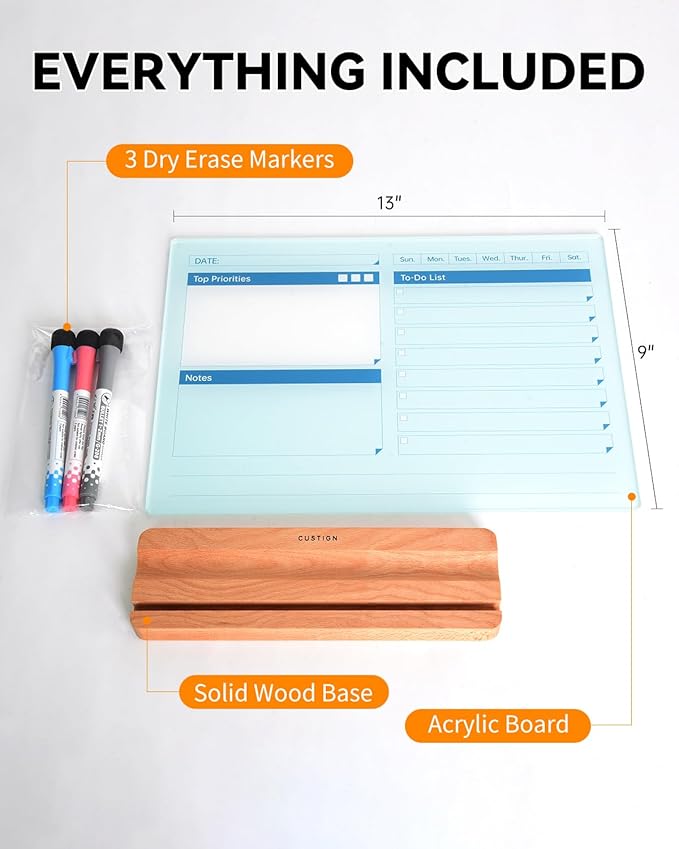 Acrylic Dry Erase to-Do List Board with Solid Wood Base, 9x13 Desktop Whiteboard Planner, Task Organizer for Office/Home/School, Includes 3 Dry Erase Markers (Blue)