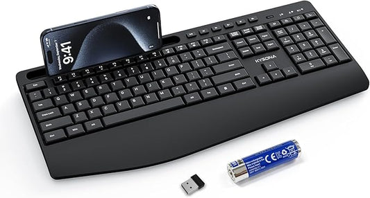 KYSONA 5th Gen Wireless Keyboard, 2.4G Full-Sized Cordless Ergonomic Keyboard with Wrist Rest, Phone ipad Holder, Adjustable Angle, Compatible with Laptop/PC/Mac/Windows, Black