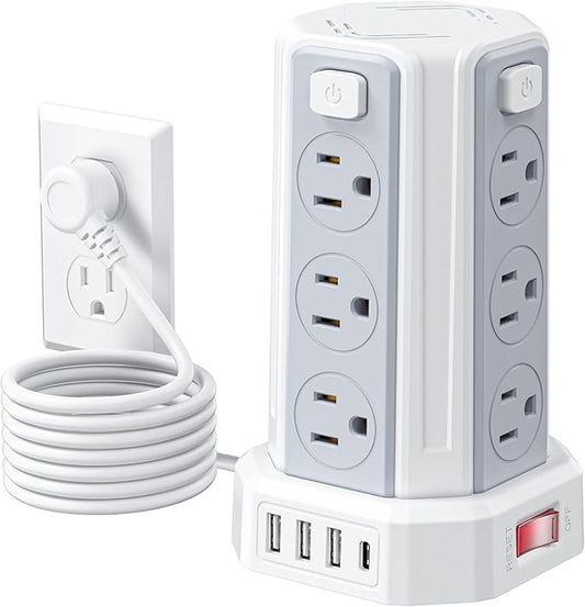 Power Strip Surge Protector, 6.5 Ft Extension Cord with 12 AC Multiple Outlets 4 USB (1 USB C), SMALLRT Power Tower Desktop Charging Station