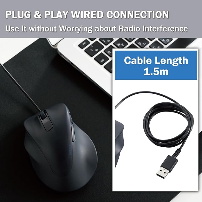 ELECOM Left Hand Wired USB Ergonomic Shape Mouse, Silent Click, 2000DPI, 5 Buttons, Optical Sensor, Compatible with PC, Mac, Laptop, EX-G, Lsize Black (M-XGL31UBSKBK)