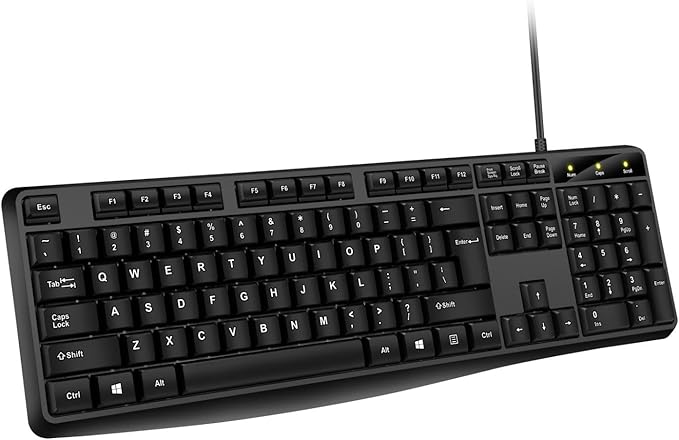 Wired Computer Keyboard, Plug Play USB, Large Number Pad, LED Indicators，Ergonomic, Foldable Stands,Anti-Wear Letters Full Size Keyboard,for Windows Mac PC Laptop-Black