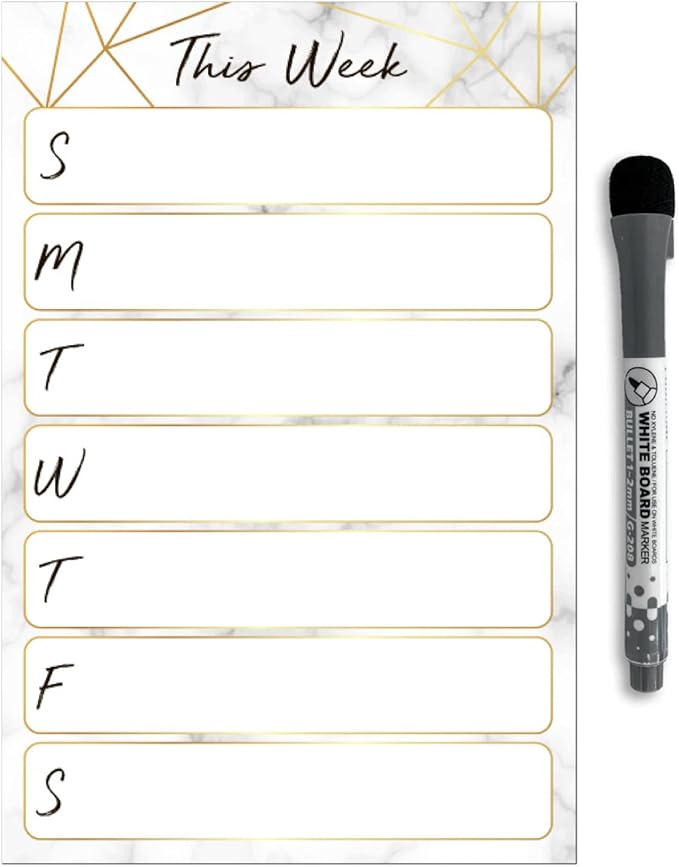Dry Erase Weekly Calendar Planner Sticker Decal | Removable & Reusable | Magnetic Fine-Tip Marker Included (6 x 9 inches, Marble)