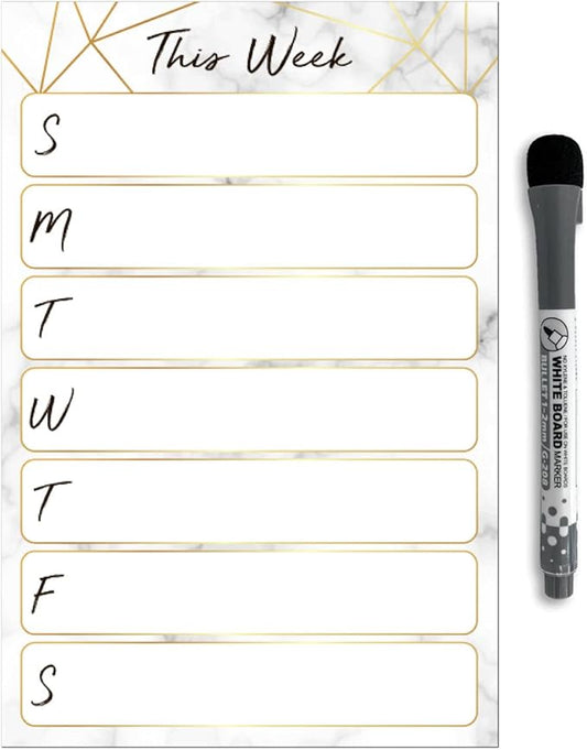 Dry Erase Weekly Calendar Planner Sticker Decal | Removable & Reusable | Magnetic Fine-Tip Marker Included (6 x 9 inches, Marble)