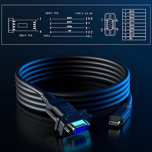 USB-C to RS232 DB9 9pin Female Serial Cable Converter Adapter with FTDI Chipset for Windows 11,10, 8.1, 8, 7, Vista, XP, 2000, Linux and Mac OS X 10.6 (10ft)