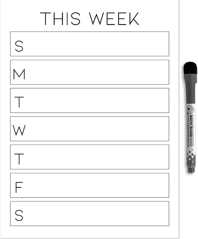Dry Erase Weekly Calendar Planner Sticker Decal | Removable & Reusable | Magnetic Fine-Tip Marker Included (9 x 12 inches, White)