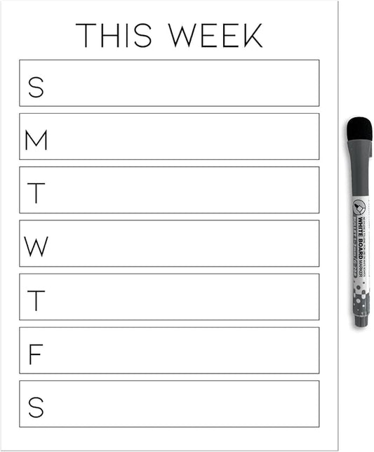 Dry Erase Weekly Calendar Planner Sticker Decal | Removable & Reusable | Magnetic Fine-Tip Marker Included (9 x 12 inches, White)