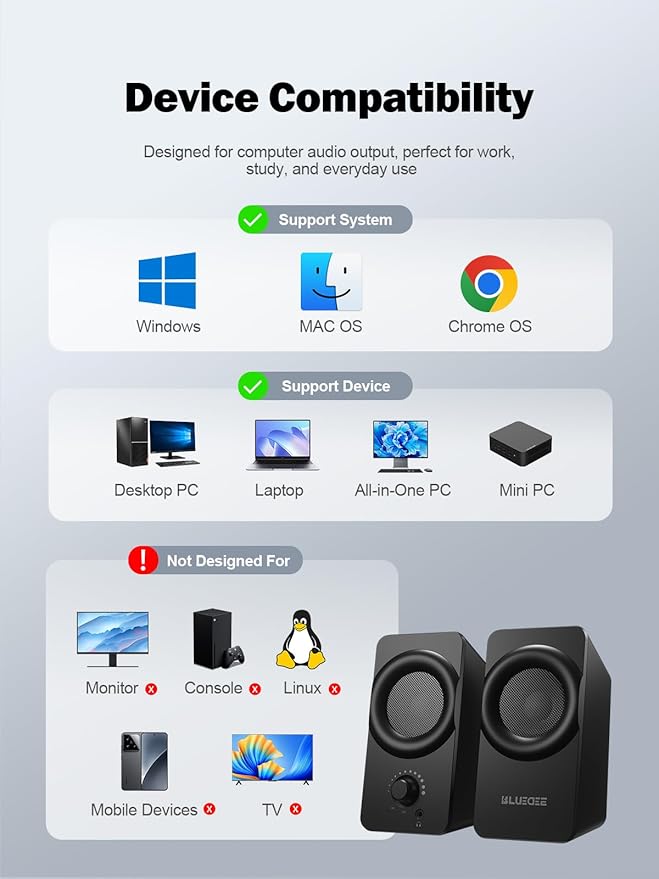 Bluedee Computer Speakers for Desktop PC, Dual Driver PC Speakers with RGB Lights, Plug & Play Compact Wired USB Speaker for Laptop & Desktop, USB or USB-C for Power & Audio