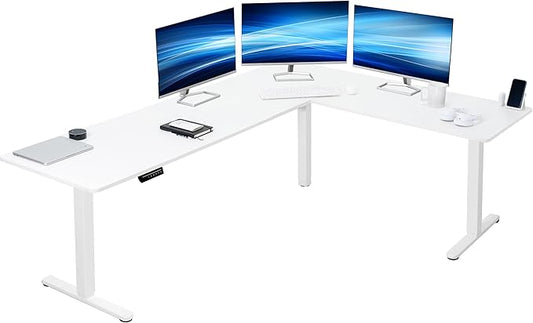 VIVO Corner Standing Desk, 84 x 63 inch Reversible L-Shaped Workstation, Electric Height Adjustment, Home, Office, and Reception Rooms, White Table Top White Frame, DESK-E3CTWW-84