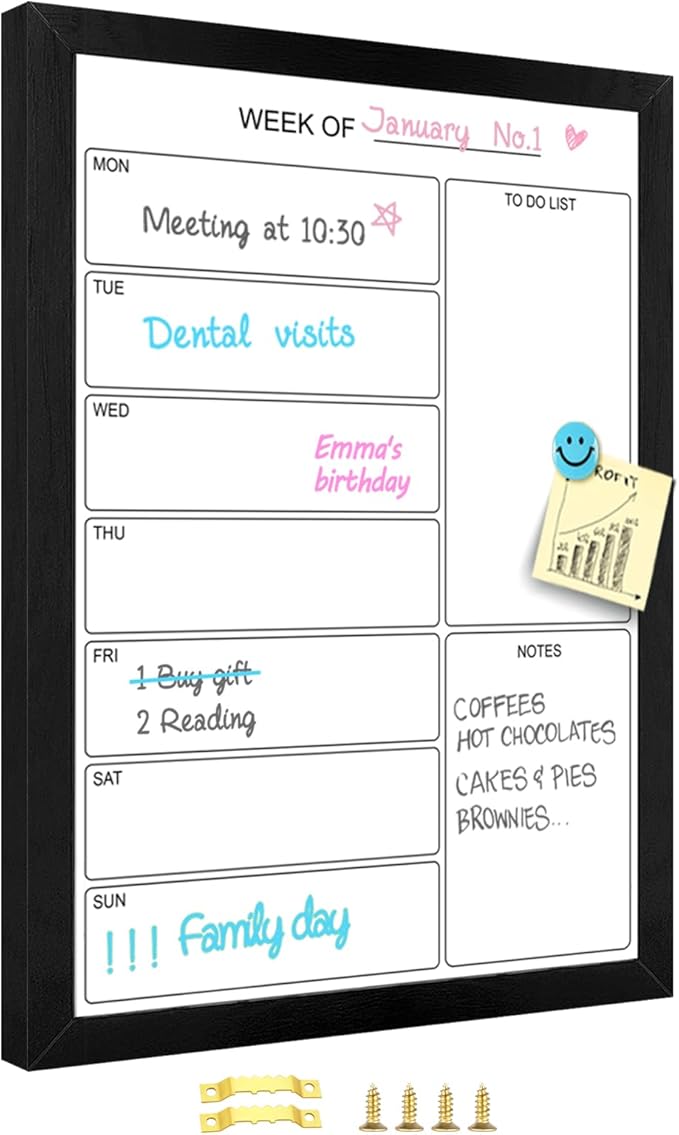 Weekly Dry Erase Whiteboard Calendar, 22.8"x16.9" Magnetic Surface Memo Board, Minimal Design Weekly Planner for Wall, Black Wood Frame Dry Erase Board for Office School Home(ZLBB-S-BK-4358)
