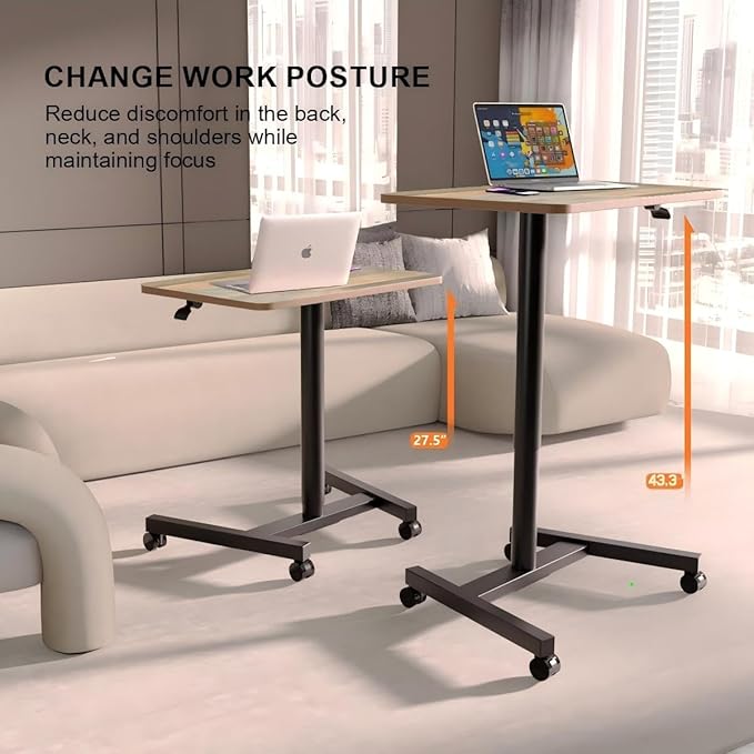 28-Inch Mobile Standing Desk Adjustable Height, Portable Standing Desk with Lockable Wheels, Rolling Table for Home Office Classroom Hospital (Rustic Brown, Aluminum Pro)