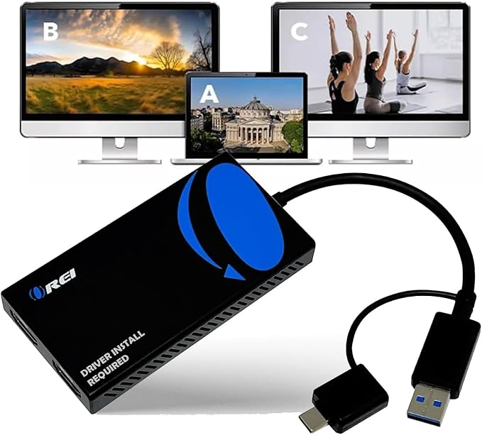 OREI SplitExtend HDMI Splitter Extended Display for Dual Monitor - Multi-Monitor Display 3 Separate Screens - USB A & USB-C Adapter to HDMI 2.0, 4K@30Hz Output 1, 1080p Output 2 for Windows, Mac OS G