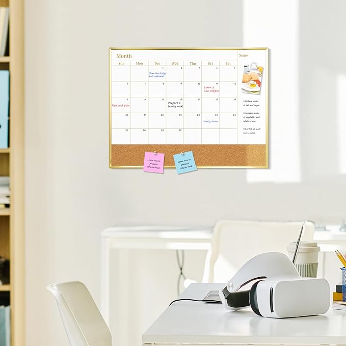Small Dry Erase Calendar Whiteboard and Cork Board Combo, 16'' x 12'' Monthly White Board with Gold Aluminum Frame, Portable Calendar Board for Home Office School