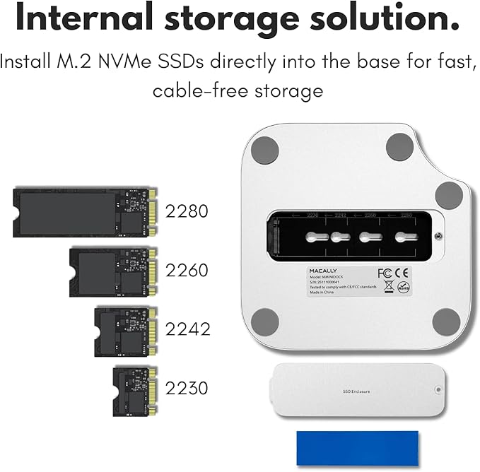 Macally Mac mini M4 Dock and Stand, Mac mini M4 Hub with M.2 NVMe Enclosure, 4K HDMI 60hz, 3 USB A,10Gbps USB C Data Port, SD Card Reader, 3.5mm Audio Jack