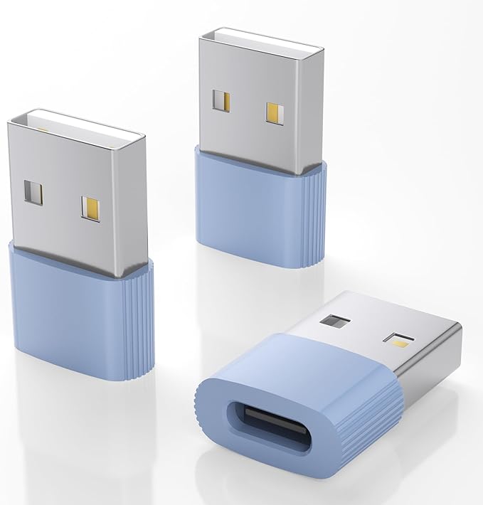 USB to USB C Adapter,3Pack USBC Female to USB A Male with Convenient Carrier, Type C Converter for iPhone 17/16/15/14/13/12, iPad, iWatch, AirPods,Galaxy S25/S24 (Blue)