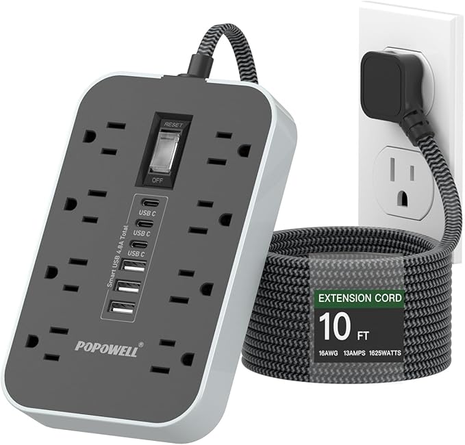 10 FT Extension Cord- Power Strip Surge Protector with 8 AC Outlet& 6 USB Ports(3 USB C) Charging Block, Ultra Thin Flat Extension Cord 10 Feet Wall Amount for Home, Office, Dorm Essentials.