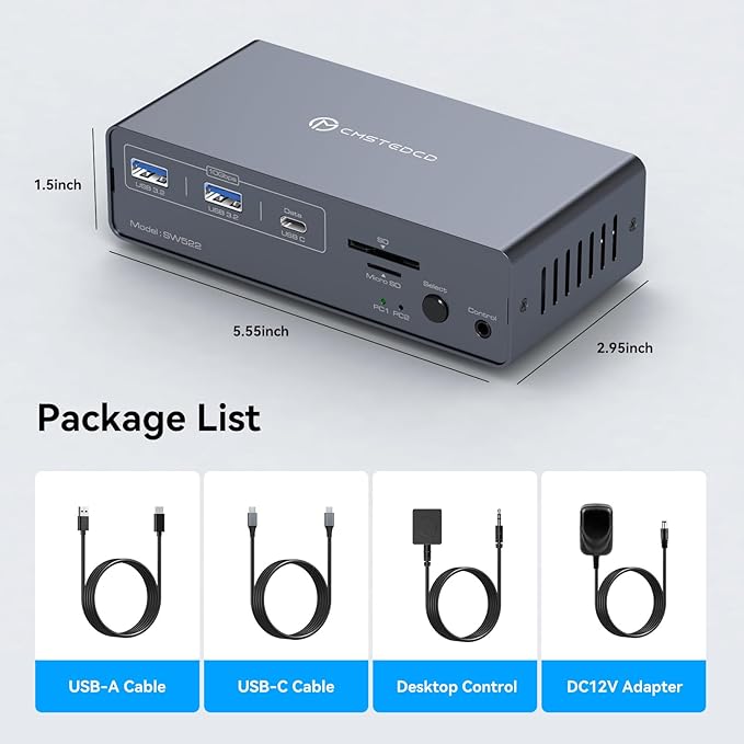 KVM Switch 2 Monitors 2 Computers Docking Station USB C +HDMI/DP Input, 4K60Hz/4K120Hz for Laptop and Desktop with 1*USB C +2*USBA 3.2 10Gbps + 2*USB 3.0 5Gbps and SD/microSD Card Slots