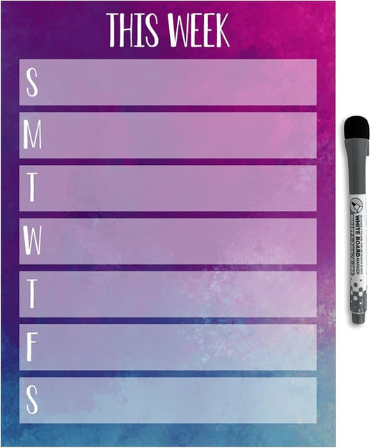 Dry Erase Weekly Calendar Planner Sticker Decal | Removable & Reusable | Magnetic Fine-Tip Marker Included (9 x 12 inches, Watercolor)