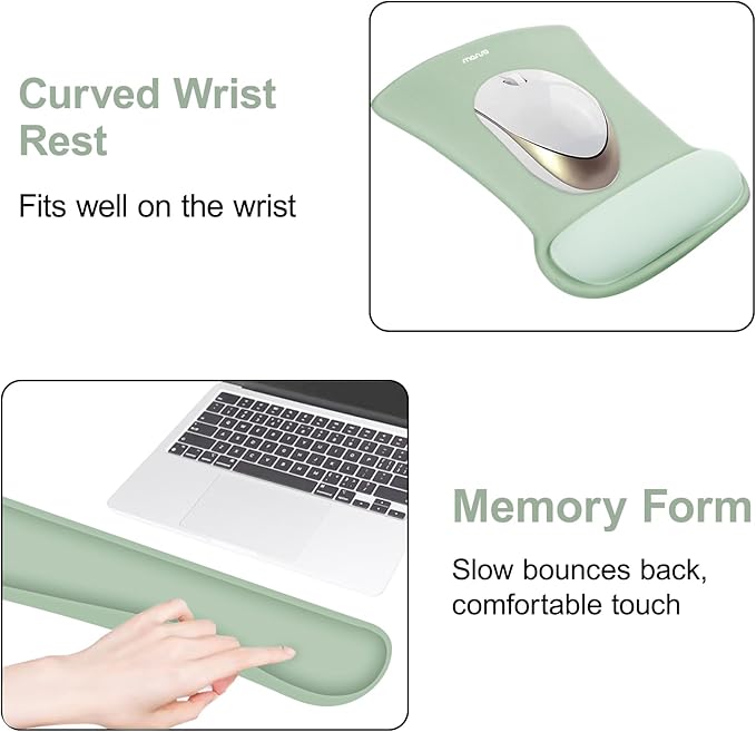MOSISO Wrist Rest Support for Mouse Pad & Keyboard Set, Ergonomic Mousepad&Coaster Non-Slip Base Home/Office Pain Relief & Easy Typing Cushion with Neoprene Cloth & Raised Memory Foam, Green