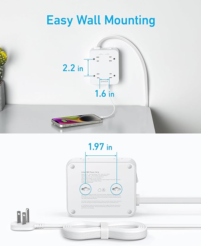 Anker Surge Protector Flat Plug Power Strip 2000J, 5ft Thin Extension Cord, 8 Outlets,2 USB A and 1 USB C Port,20W for iPhone15,Wall Mount,Compact for Home,Office,Room,TUV Listed (Pack of 2)