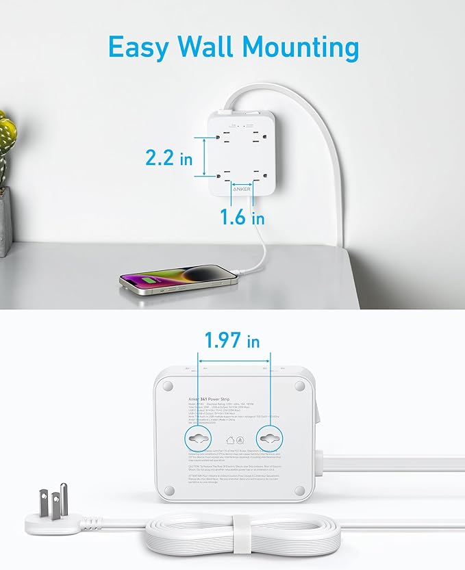 Anker Power Strip with 2000J Surge Protector, Flat Plug Extension Cord with Multiple Outlets, 8 AC, 2 USB A & 1 USB C Port for 20W, 5ft Outlet Extender, Dorm Room Essentials, Home Office, TUV Listed