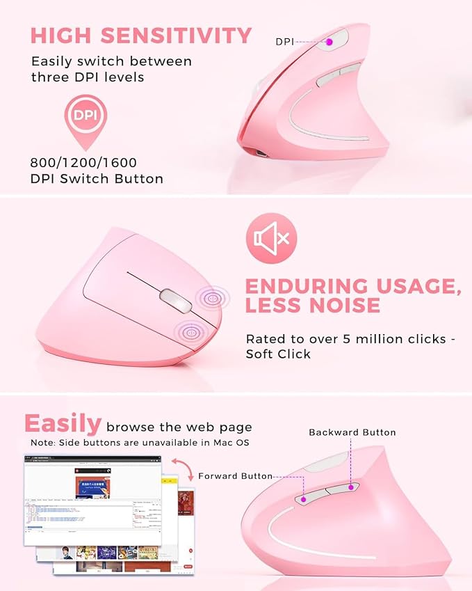 Ergonomic Mouse Wireless, Rechargeable Mouse Silent for Carpal Tunnel Right Hand, 2.4GHz USB Vertical Mouse Wireless for Laptop etc, 3 Adjustable 800/1200/1600 DPI, Pink