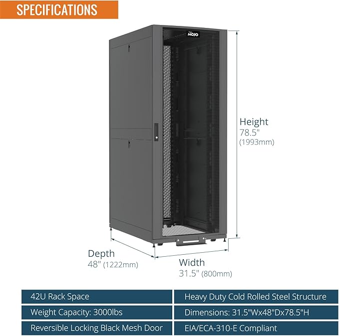 Tecmojo 42U Server Rack Cabinet - PRE-Assembled 32inch Width 48inch Depth IT Network Equipment Cabinet Rack Enclosure with Casters - 3000lbs Weight Capacity,Black
