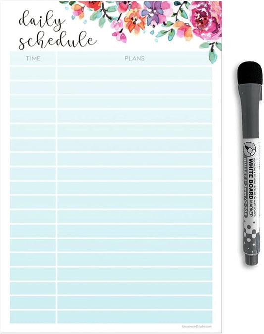 Dry Erase Daily Schedule Planner Sticker Decal by Glassboard Studio | Removable & Reusable | Magnetic Fine-Tip Marker Included (6 x 9 inches, Floral)