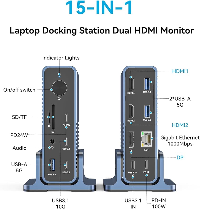 ACASIS USB C Docking Station Dual Monitor,15-in-1 Laptop Docking Station with 2*HDMI+DP,+ 2*USB3.1-10G+3*USB-A-5G+SD/TF+3.5MM Audio&MIC+Gigabit Ethernet, for Windows/Dell/HP/Lenovo