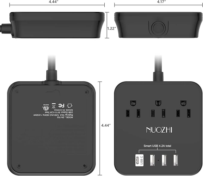 Cruise Essentials,10 Ft Power Strip with 3 Outlets and 4 USB Ports(1 USB C), Non Surge Protector for Cruise Ship, Travel, Home Office, ETL Listed, Black